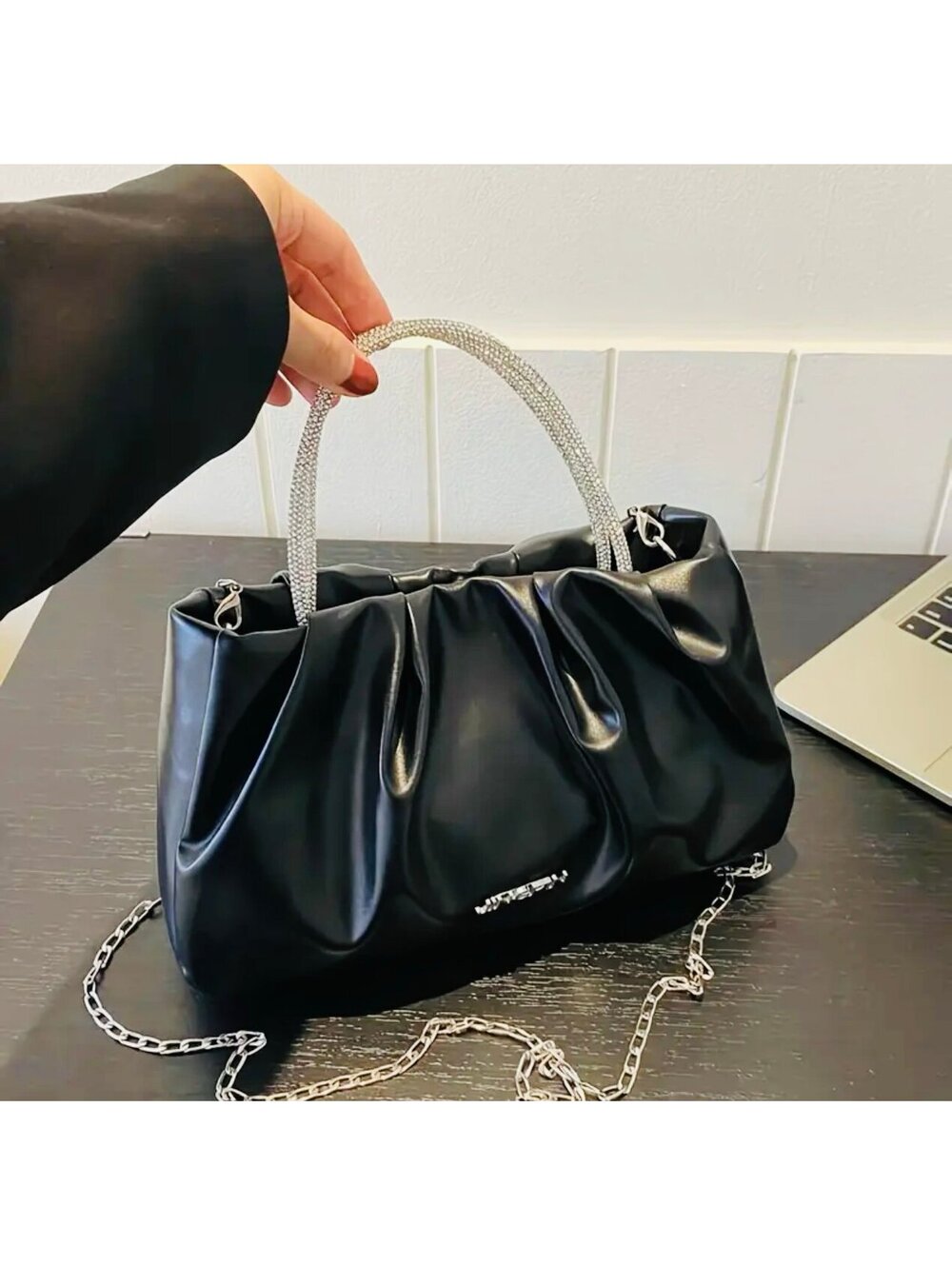 New -Chic -Faux Leather Handbag/Shoulder Bag w/Sparkly Ring Strap Design